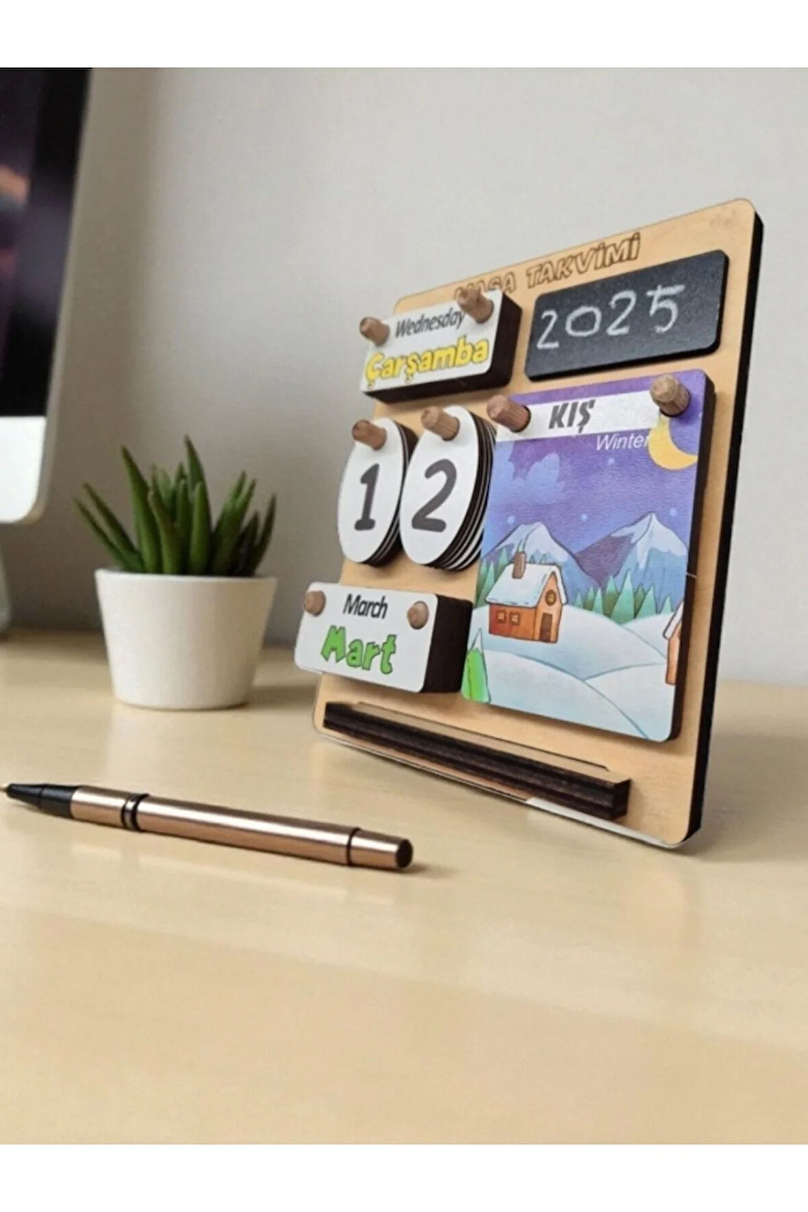 Çocuklar İçin Masa Takvimi - Kare Masa Takvimi (Türkçe-İngilizce)