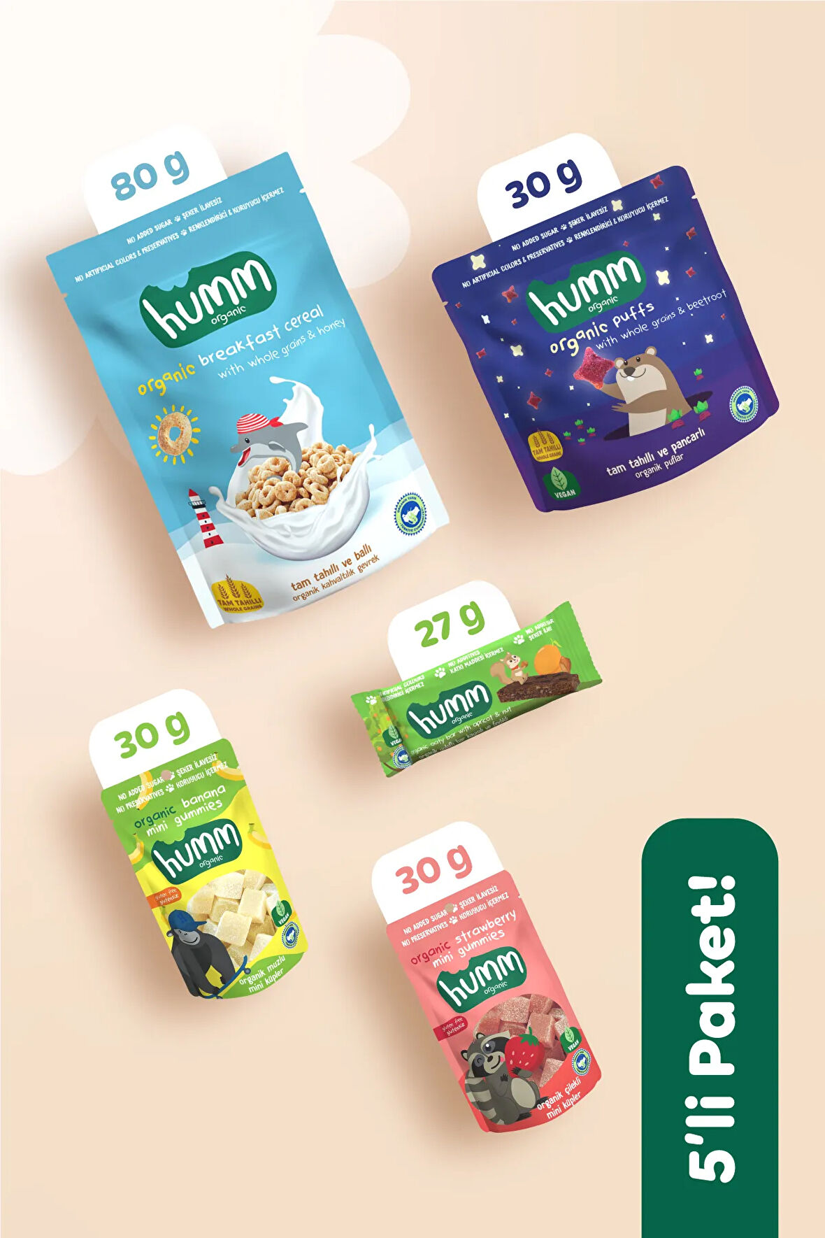 Humm Organic Organik Kahvatlı & Ara Öğün Atıştırmalık Paketi - 5 Adet (5 ÇEŞİT)