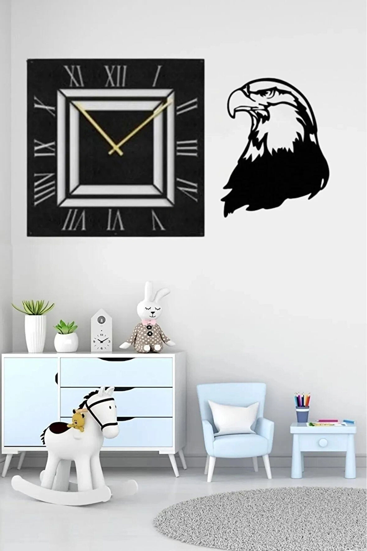 Dikdörtgen ve Roma Rakamlı Dekor Duvar Saat+ Kartal duvar Dekor