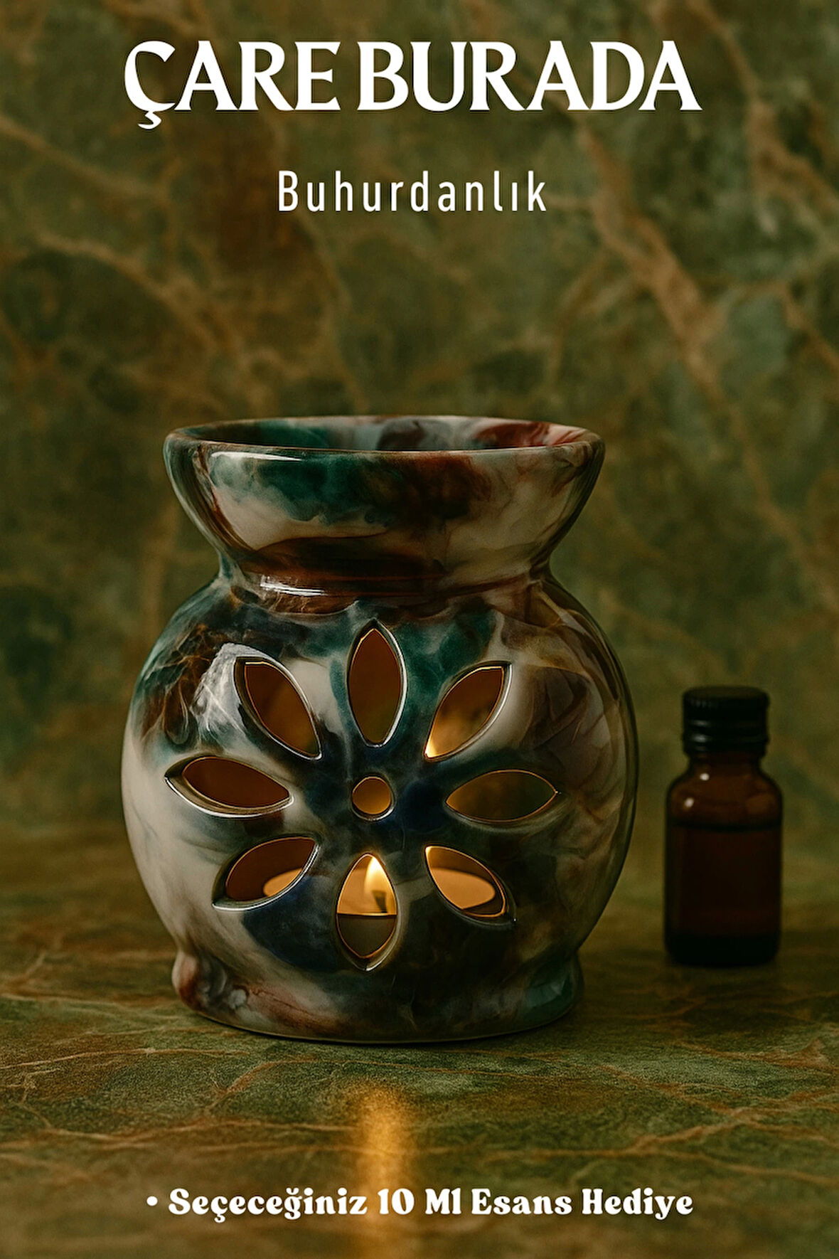 Karışık Mermer Desenli Buhurdanlık (Seçeceğiniz 10 Ml Esans Hediye)