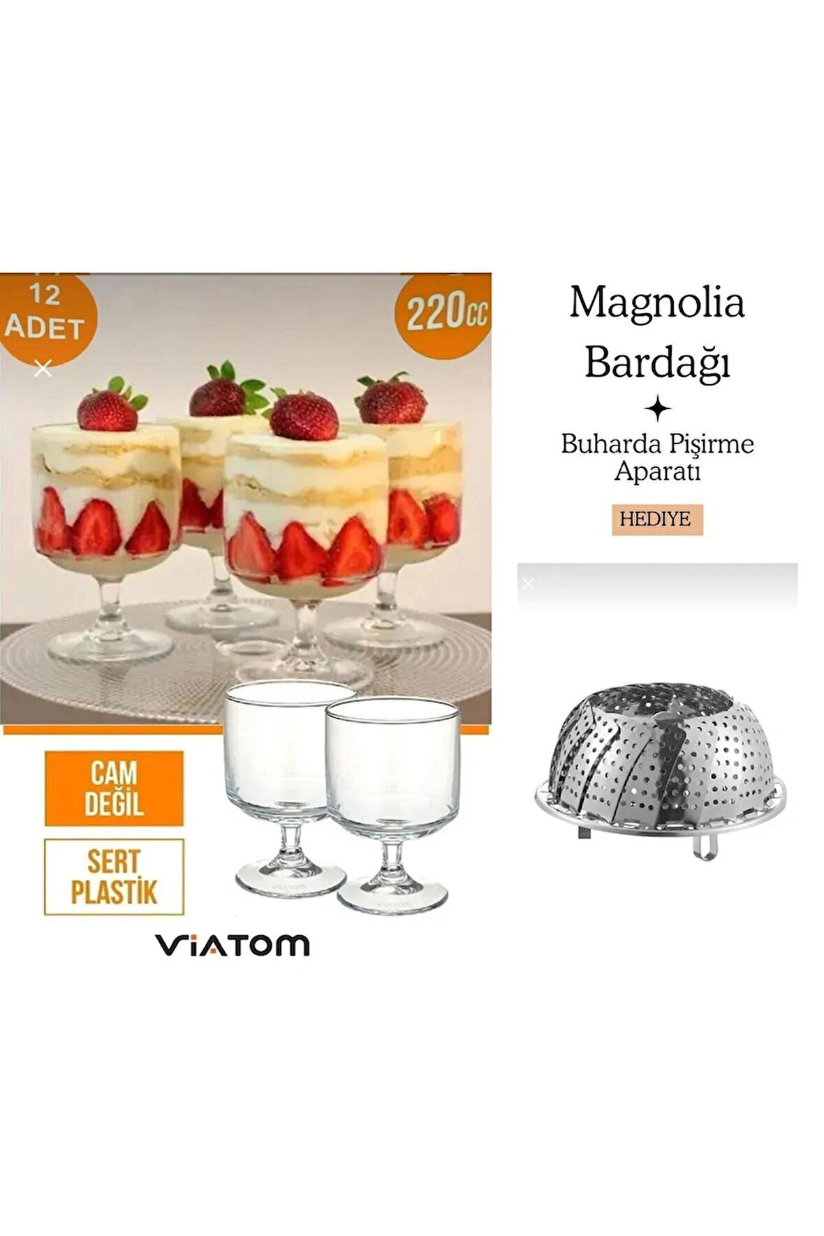 ViATOM Magnolia Tatlı Sunum Bardağı 12'lı Mika (Cam Değildir) + Buharda Pişirme Aparatı