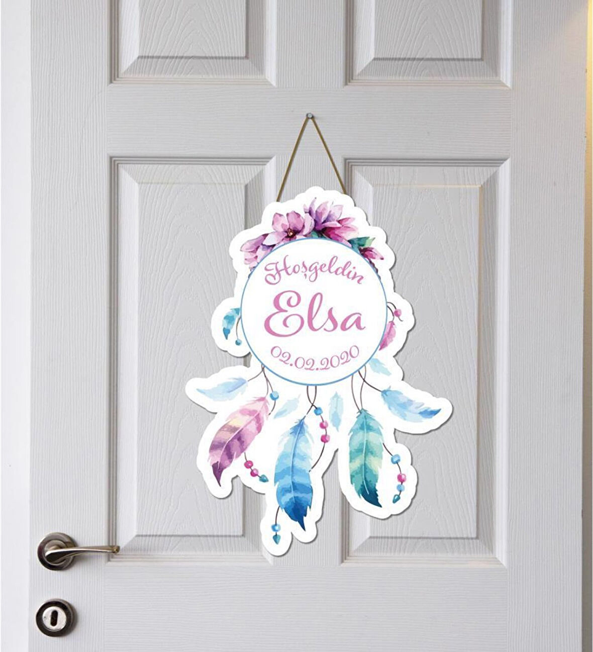 Meşgalem Renkli Kuş Tüyleri Temalı Kişiye Özel Kapı Süsü