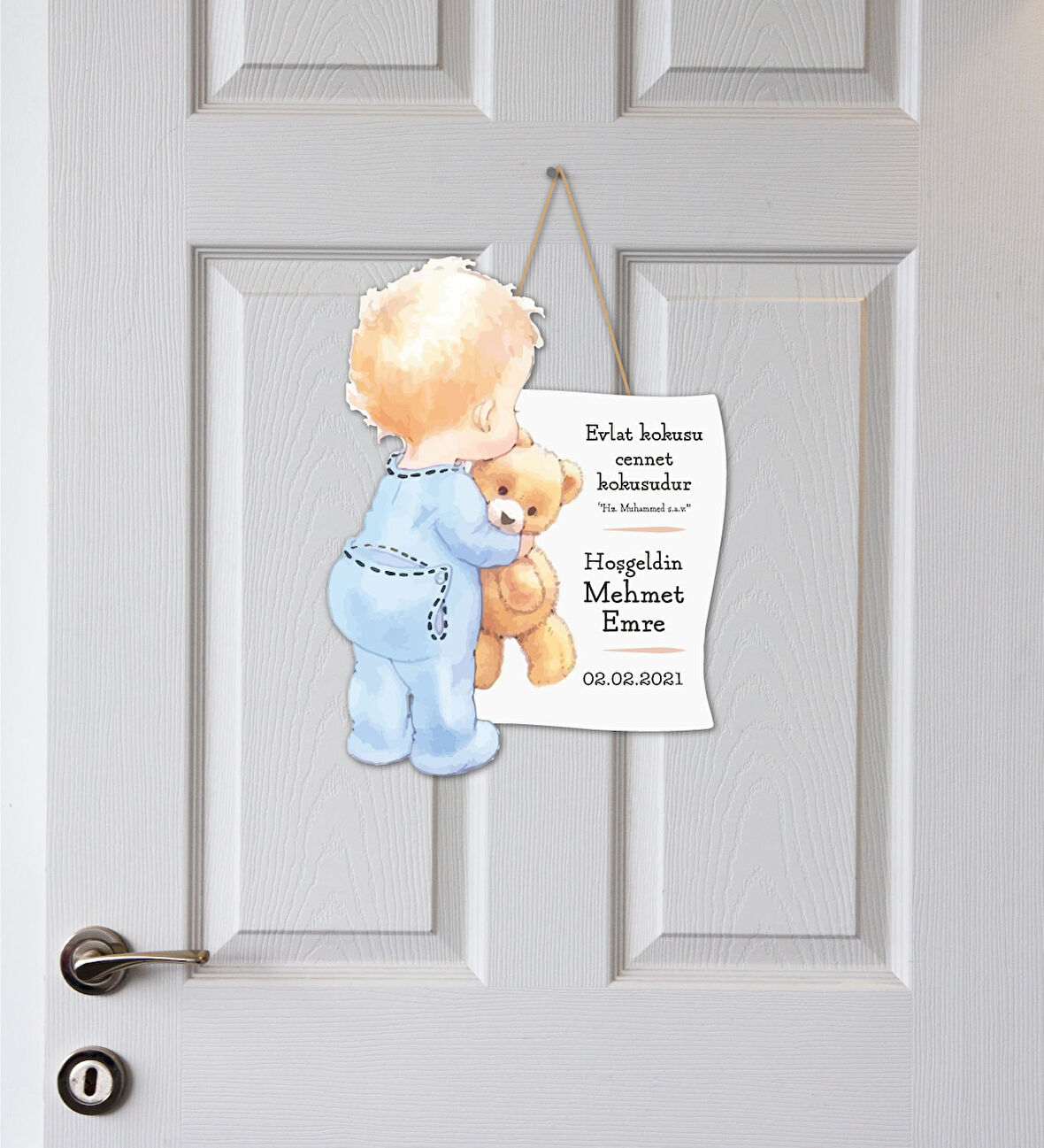 Meşgalem Ayıcık Taşıyan Bebek Temalı Kişiye Özel Kapı Süsü