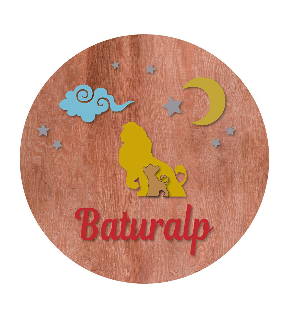 Meşgalem Aslan ve Yavrusu Ahşap Desenli Temalı Kişiye Özel Kapı Süsü