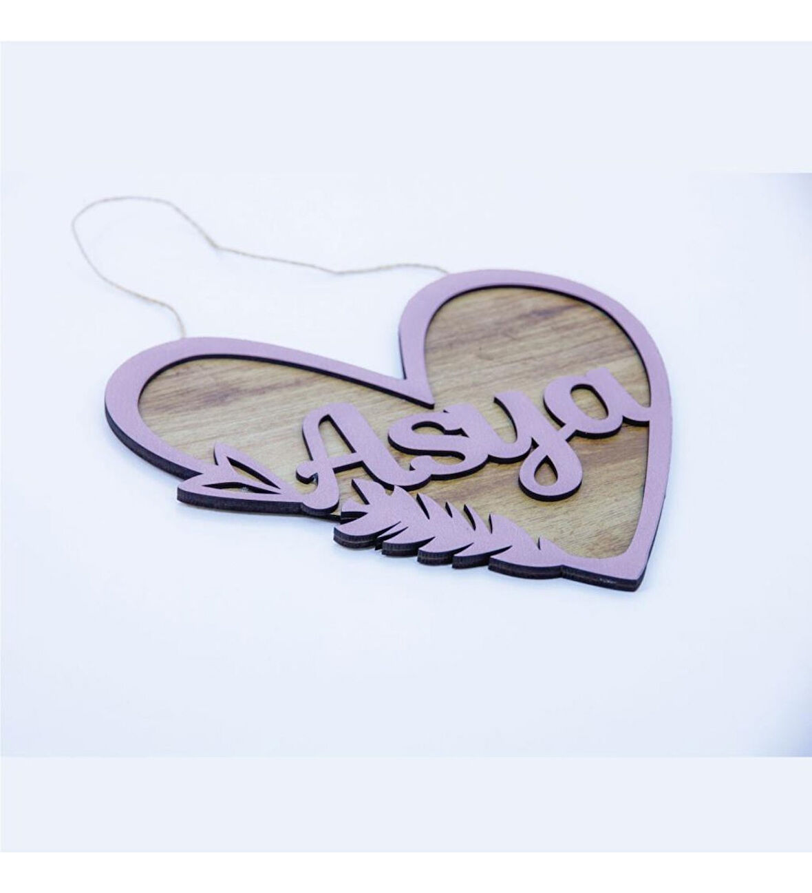 Meşgalem Lila Çerçeveli ve Ahşap Desen Temalı Kişiye Özel Kapı Süsü