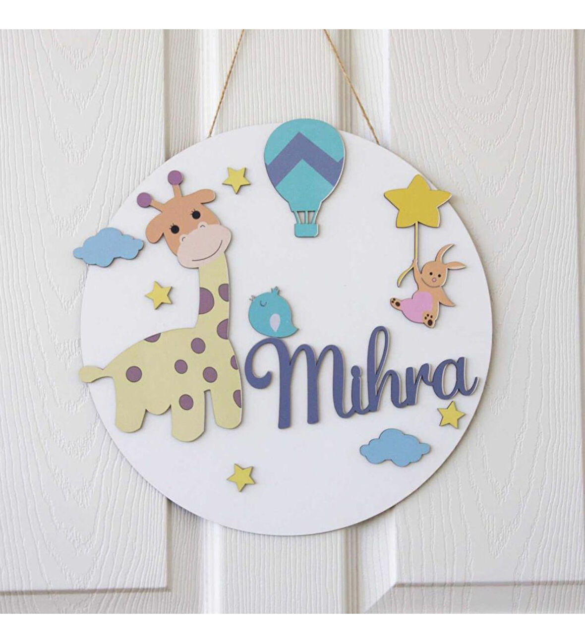 Zürafa Temalı Hayvanlar Ahşap Çocuk Kapı Süsü
