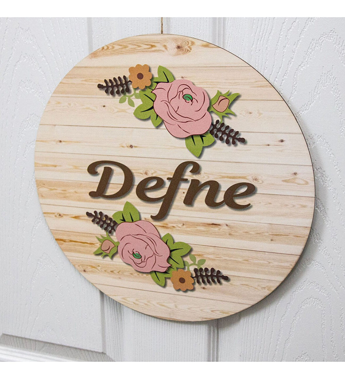 Meşgalem Pembe Güllü Ahşap Desen Temalı Kişiye Özel Kapı Süsü