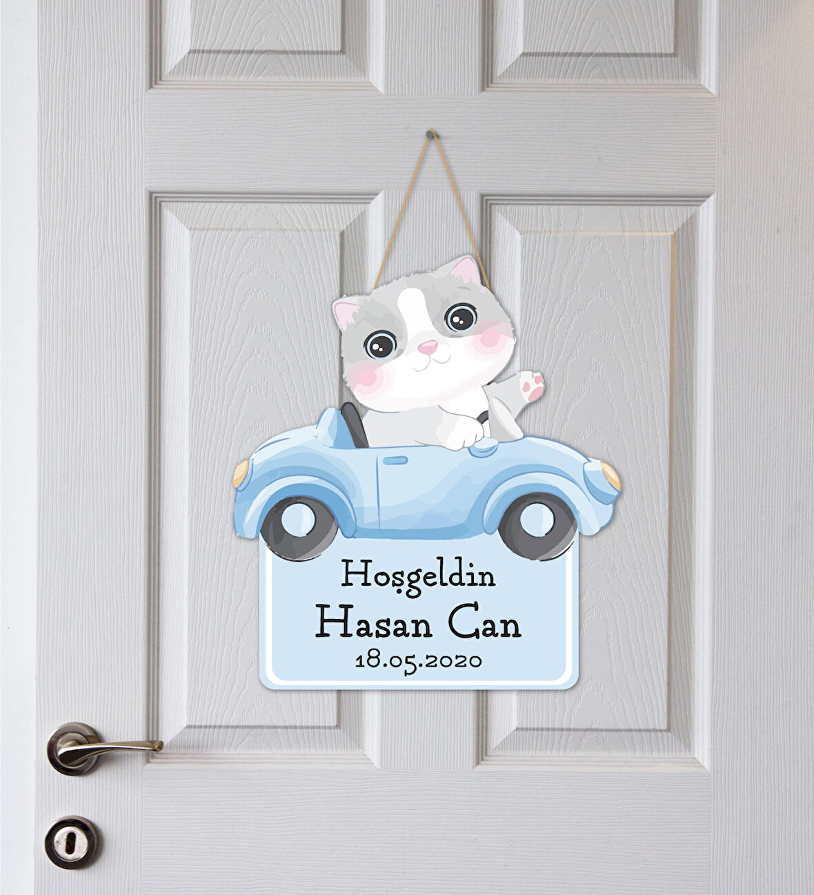 İsme Özel Bebek Odası Ahşap Kapı Süsü - Kedi Figürlü