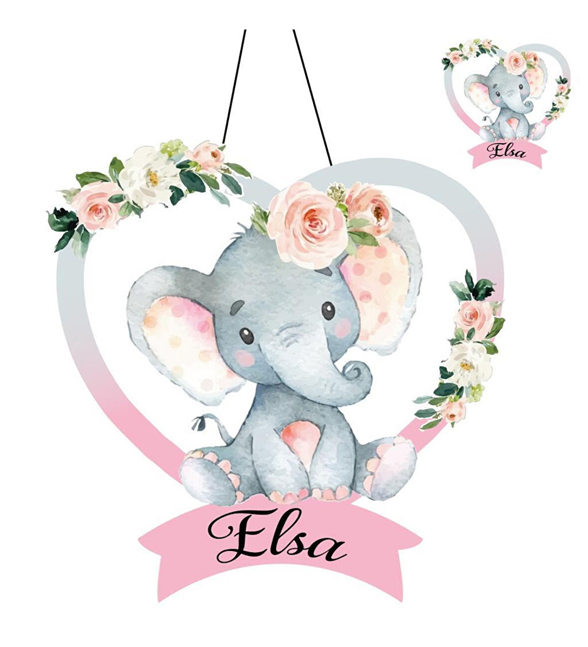 Kişiye Özel Bebek Kapı Süsü Ve  50 Adet Magnet Seti Kalp Fil