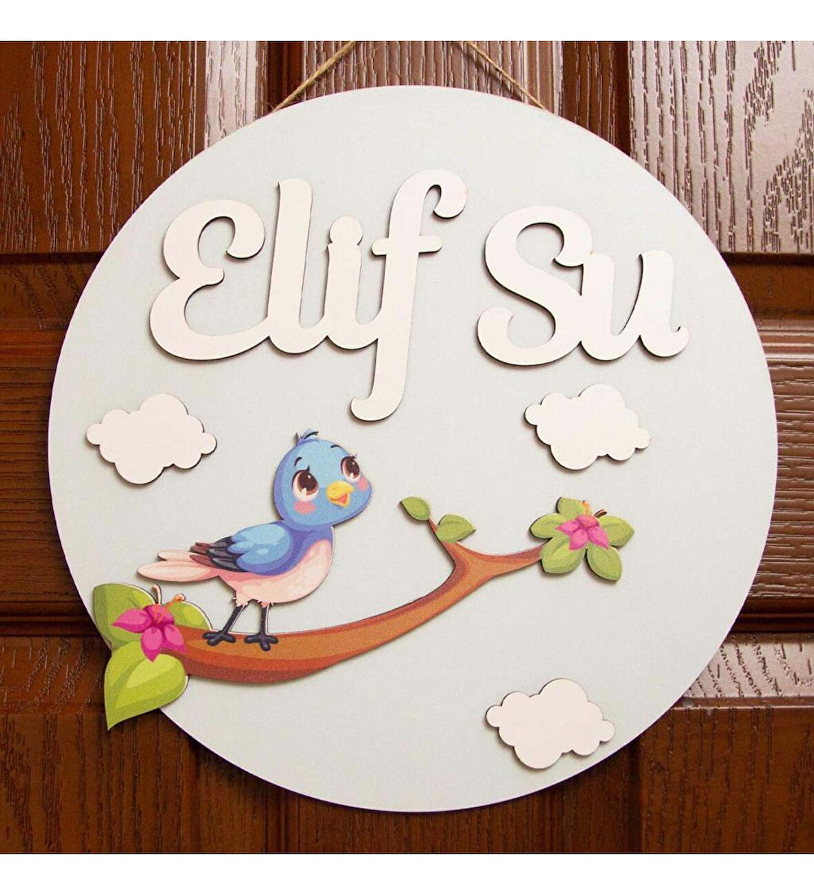 İsme Özel Küçük Kuş Tasarımlı Çocuk Odası Kapı Süsü