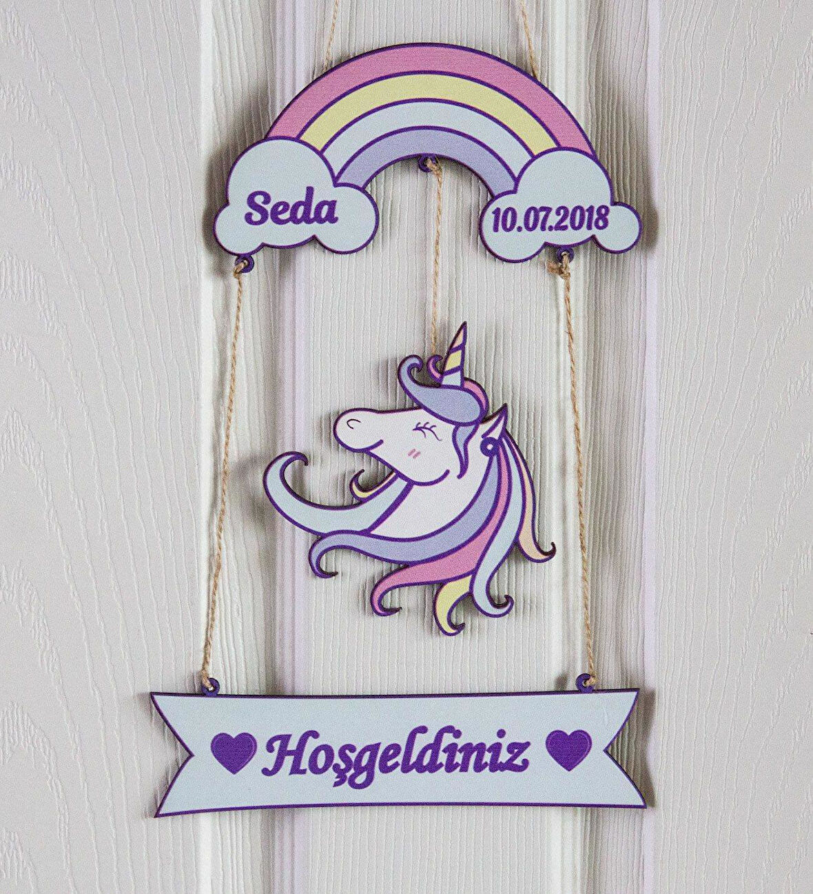 İsme Özel Unicorn Kız Bebek Ahşap Kapı Süsü