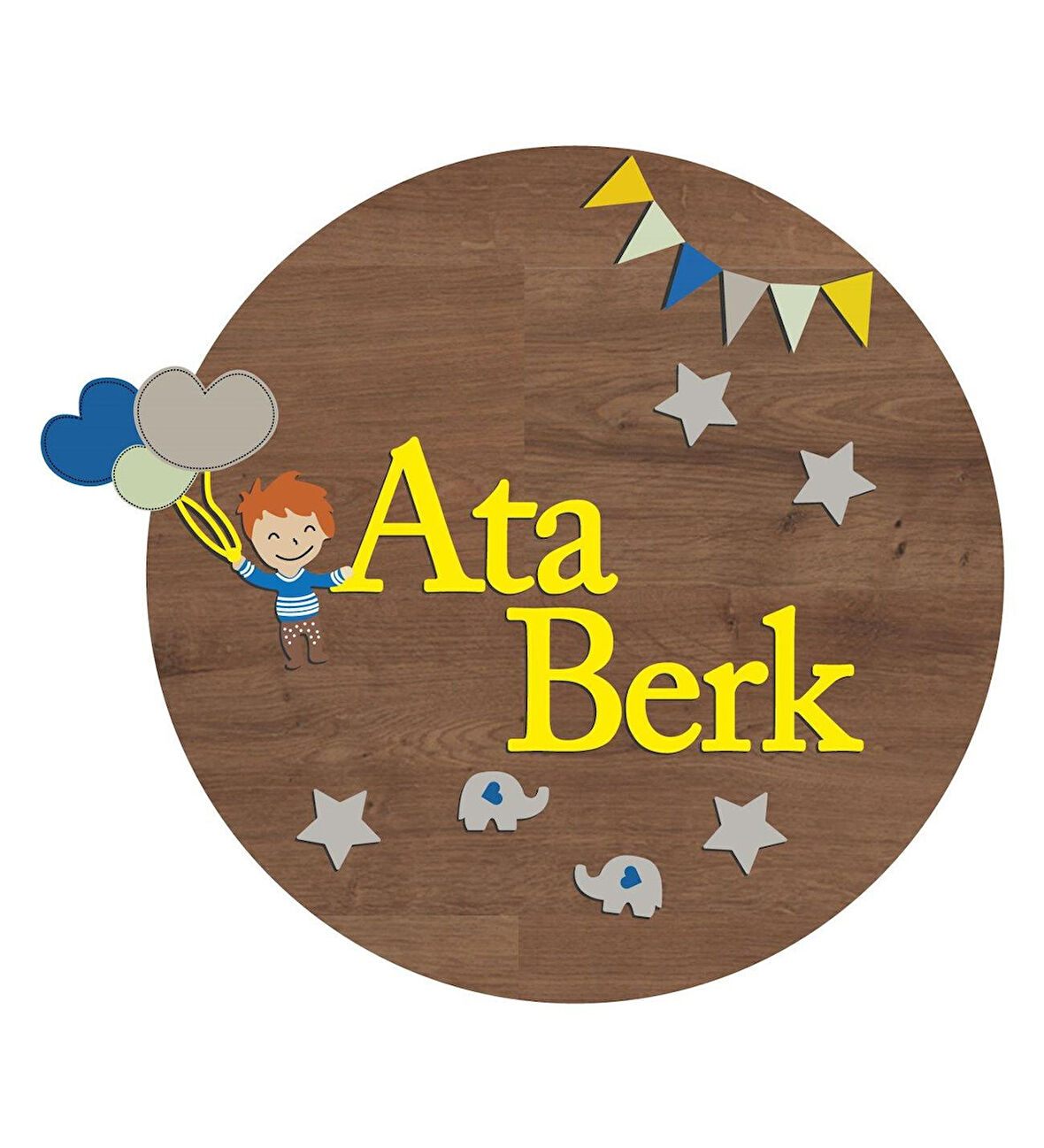 Meşgalem Ahşap Desenli Kalp Tutan Çocuk Temalı Kişiye Özel Kapı Süsü