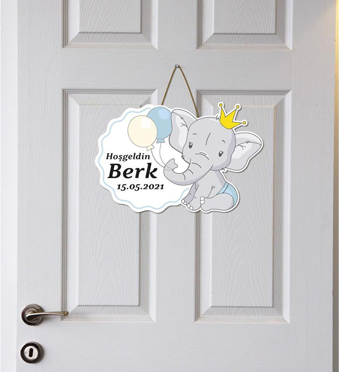 Meşgalem Balon Tutan Altın Taçlı Ayıcık Temalı Kişiye Özel Kapı Süsü