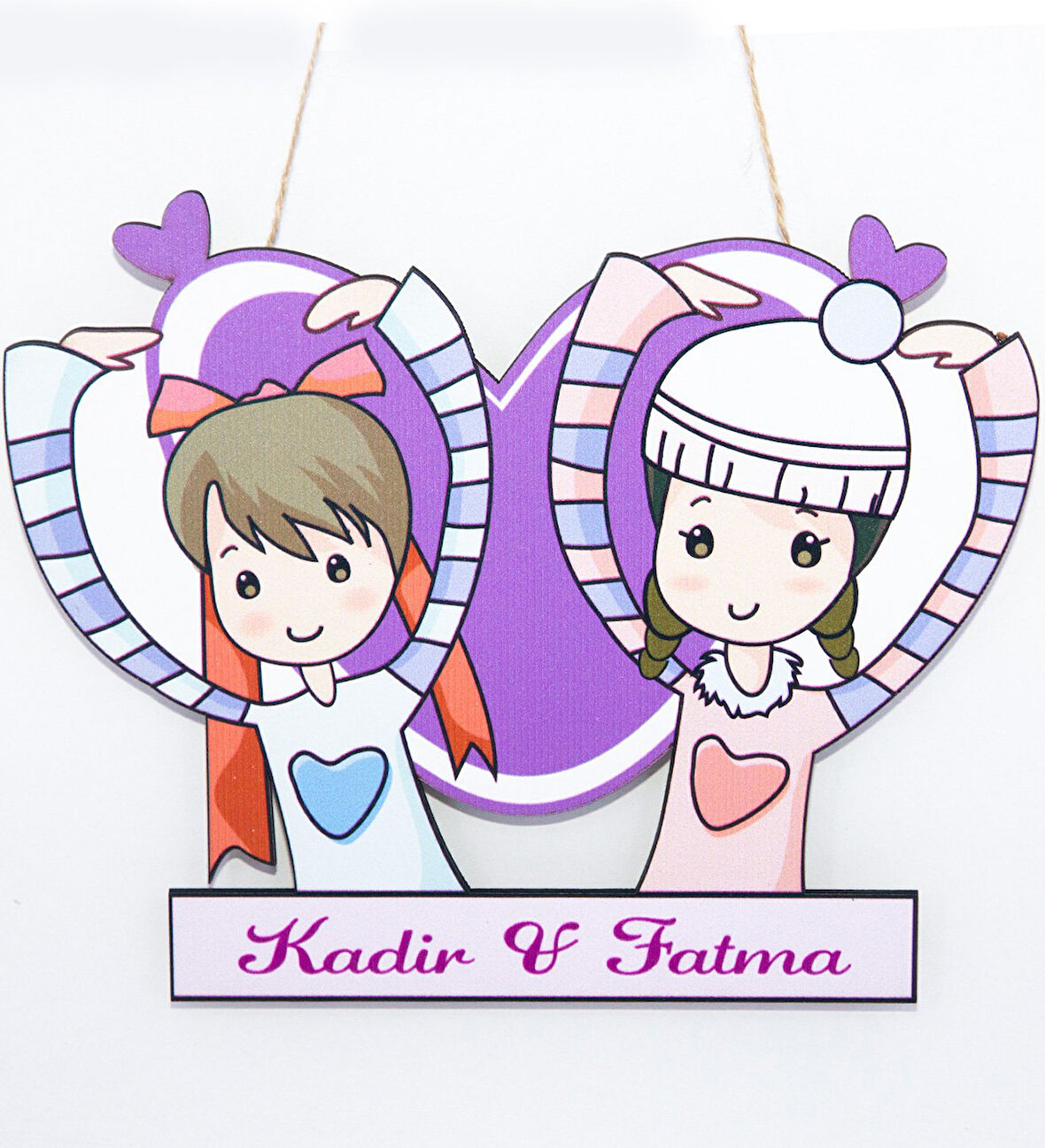 Meşgalem Mor Kalpli Kardeş Temalı Kişiye Özel Kapı Süsü