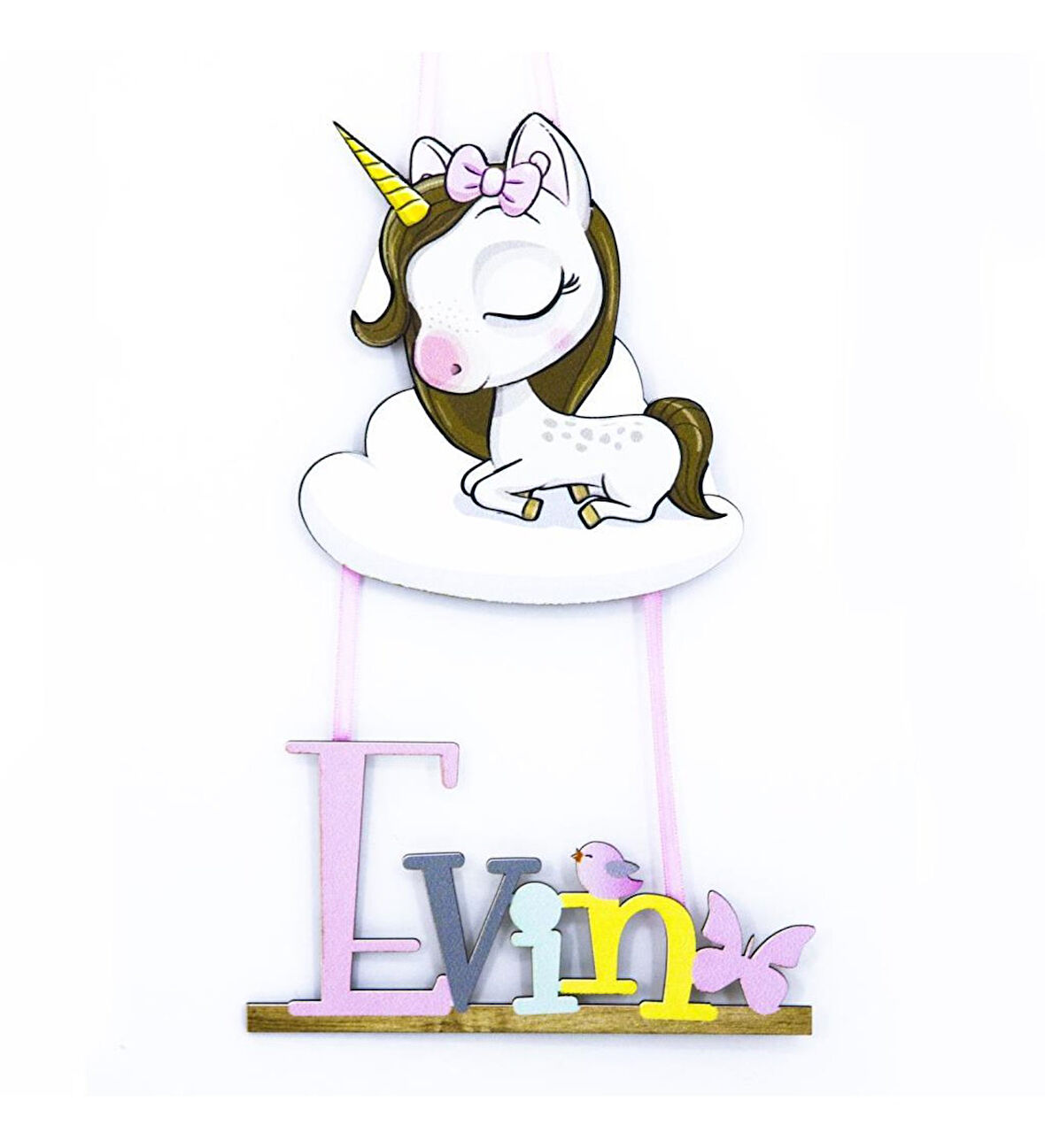 Meşgalem Bulut Üstünde Uyuyan Unicorn Temalı Kişiye Özel Kapı Süsü