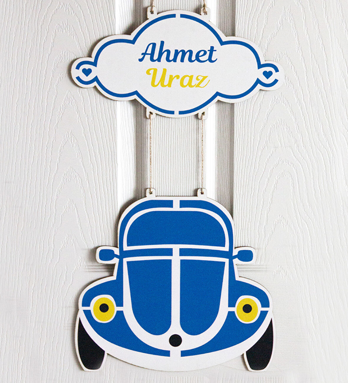 Meşgalem Vosvos Arabalı Sarı Lacivert Temalı Kişiye Özel Kapı Süsü