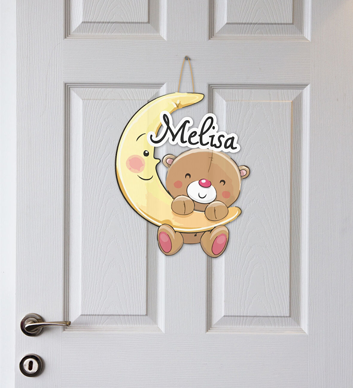 Meşgalem Aya Tutunmuş Minik Ayı Temalı Kişiye Özel Kapı Süsü