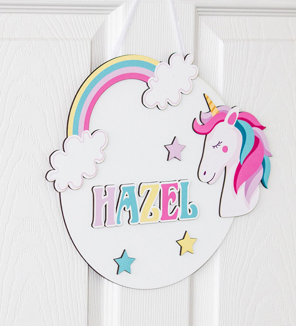 İsme Özel 3D Unicorn Bebek & Çocuk Odası Ahşap Kapı Süsü