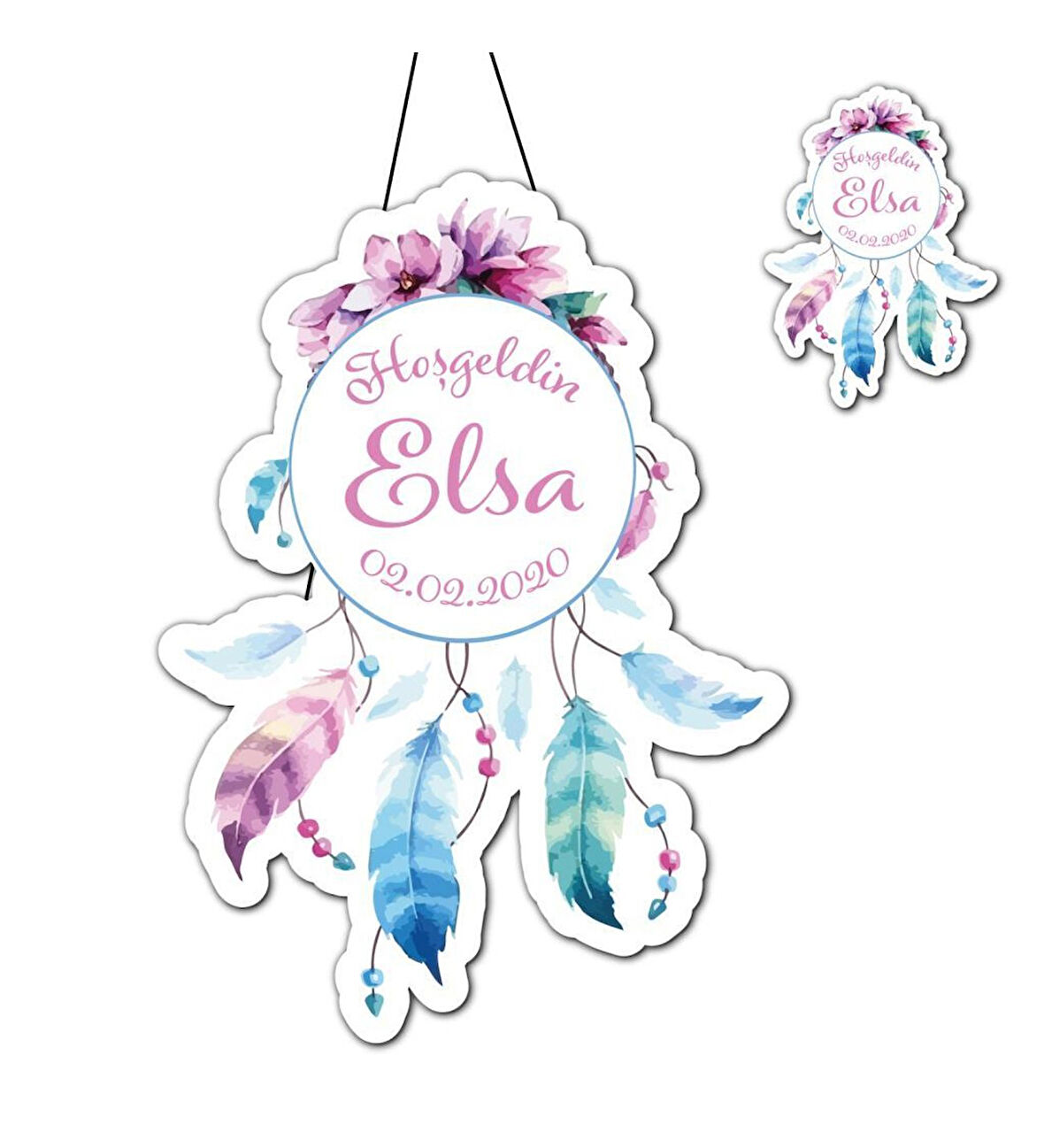 Kişiye Özel Bebek Kapı Süsü Ve 50 Adet Magnet Seti Renkli Tüy