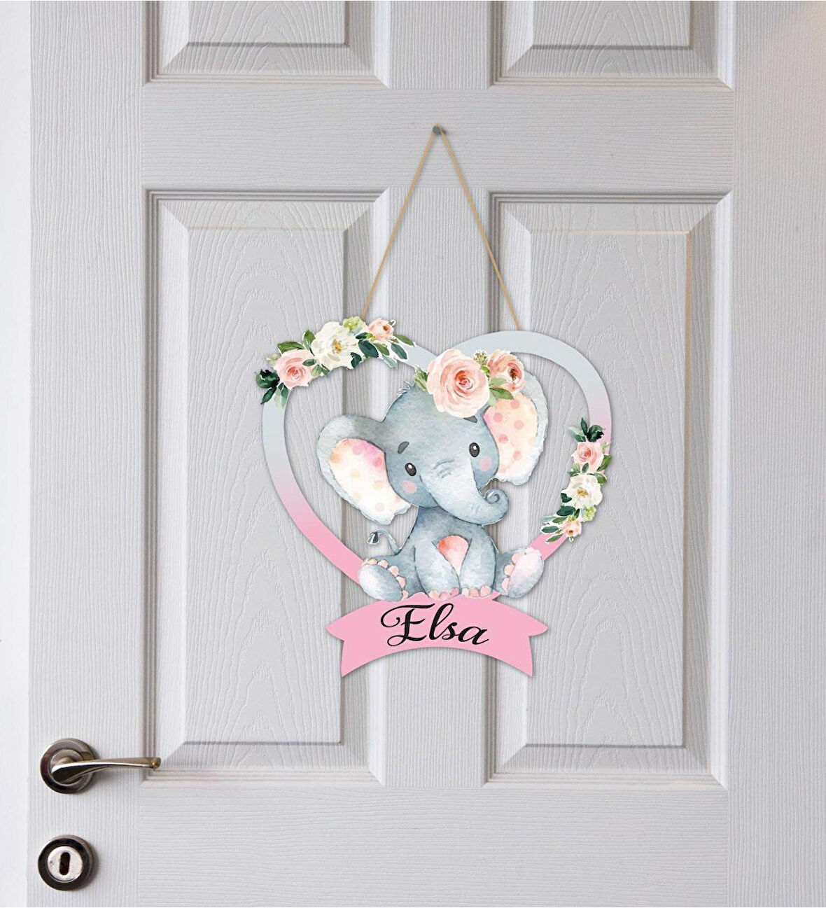 Meşgalem Kalp İçinde Fil Yavrusu Temalı Kişiye Özel Kapı Süsü