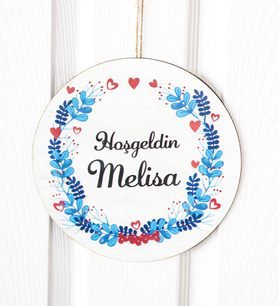 Meşgalem Kırmızı Kalp ve Mavi Çiçek Temalı Kişiye Özel Kapı Süsü