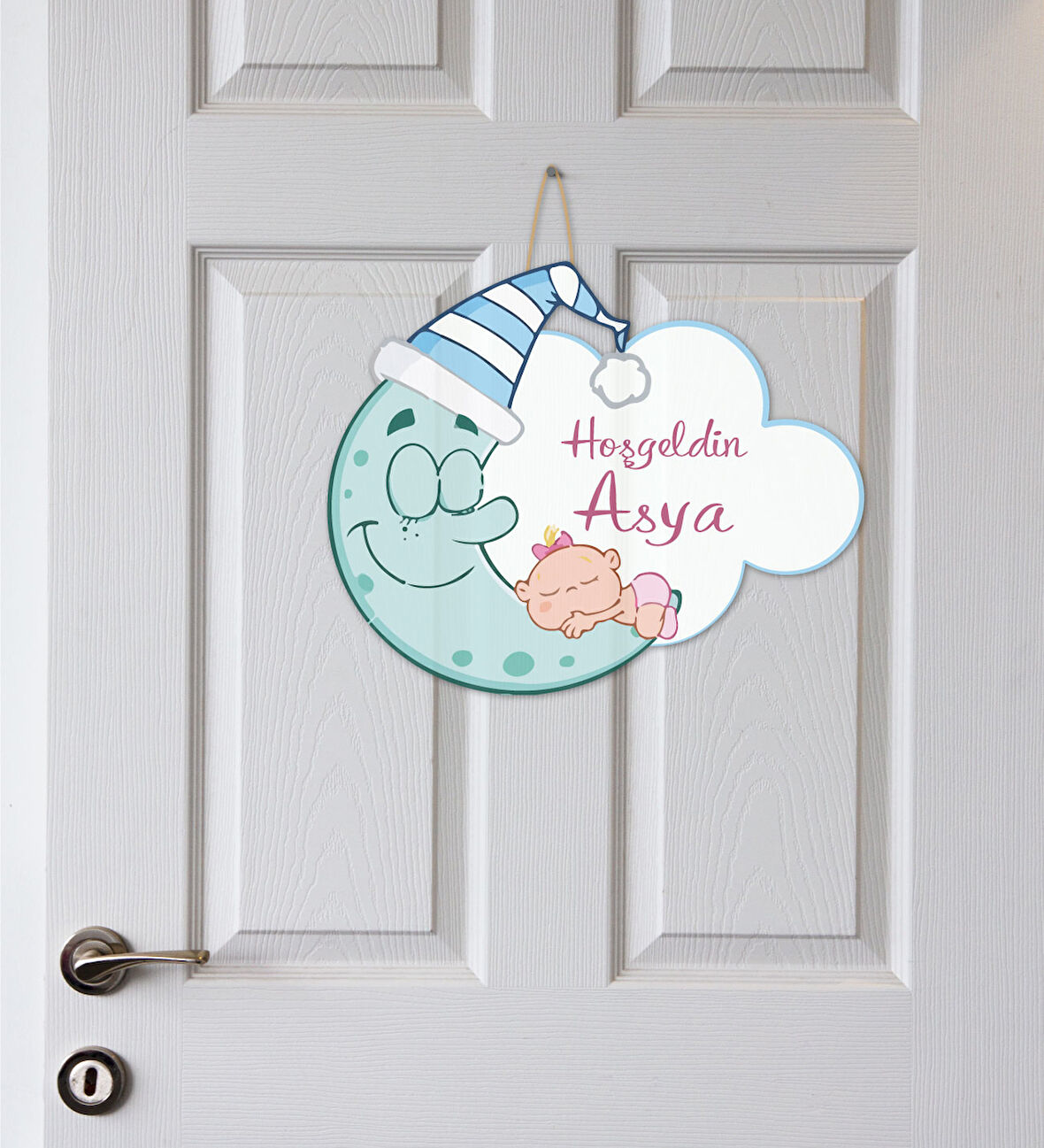 Meşgalem Ayla Birlikte Uyuyan Bebek Temalı Kişiye Özel Kapı Süsü
