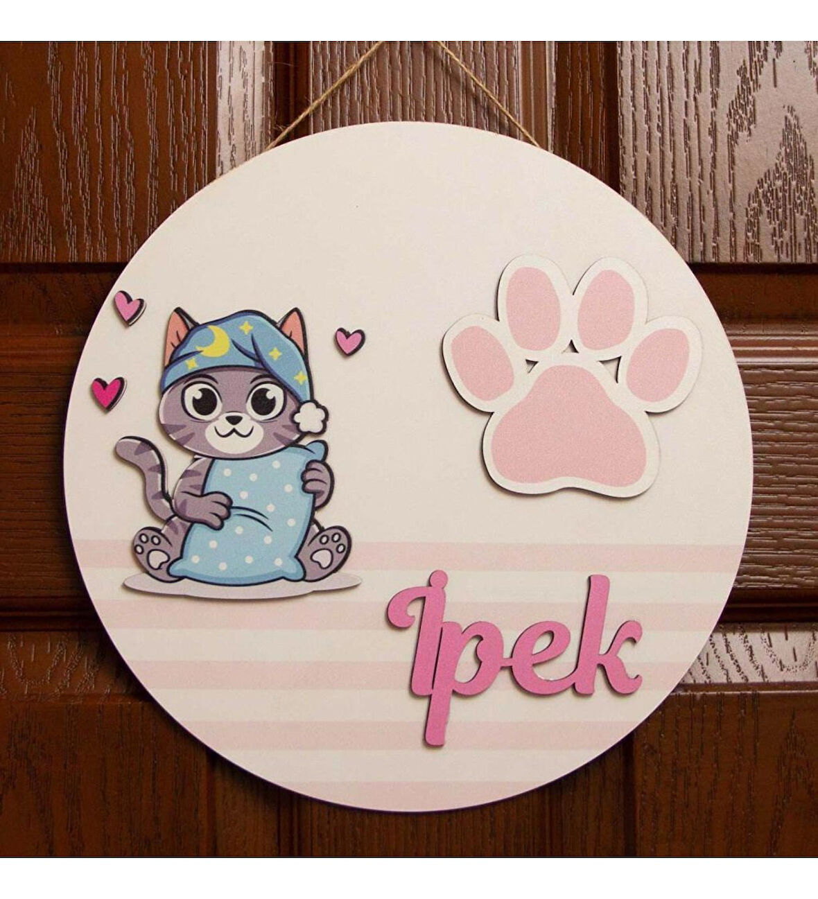 İsme Özel Kedicik Temalı Ayak İzli Çocuk Odası Kapı Süsü