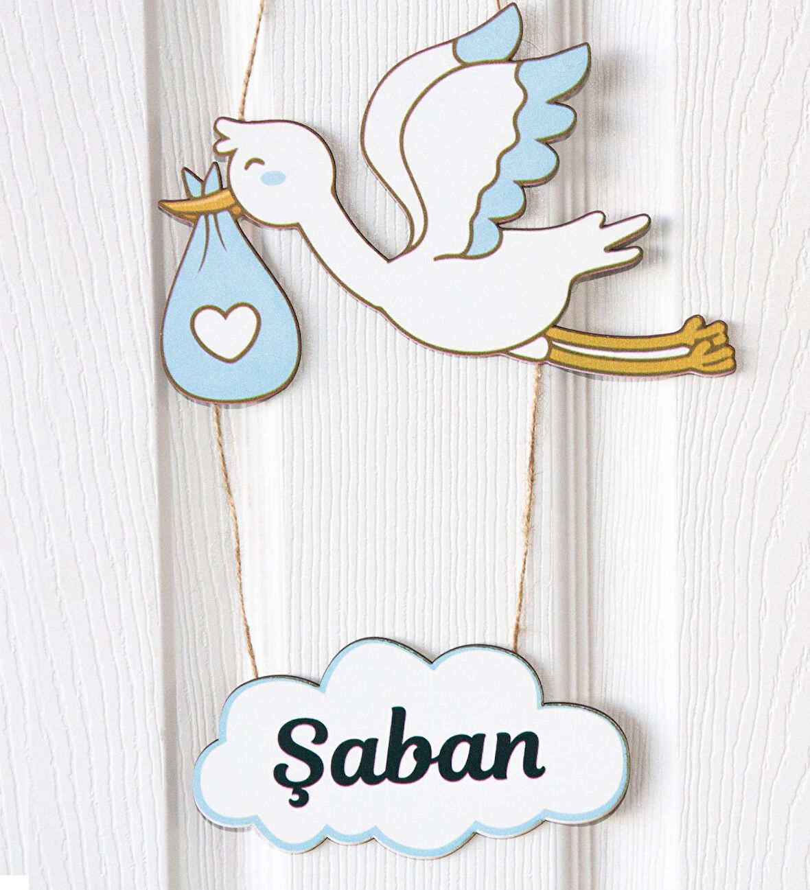 Meşgalem Mavi Uçan Leylek ve Bulut Temalı Kişiye Özel Kapı Süsü