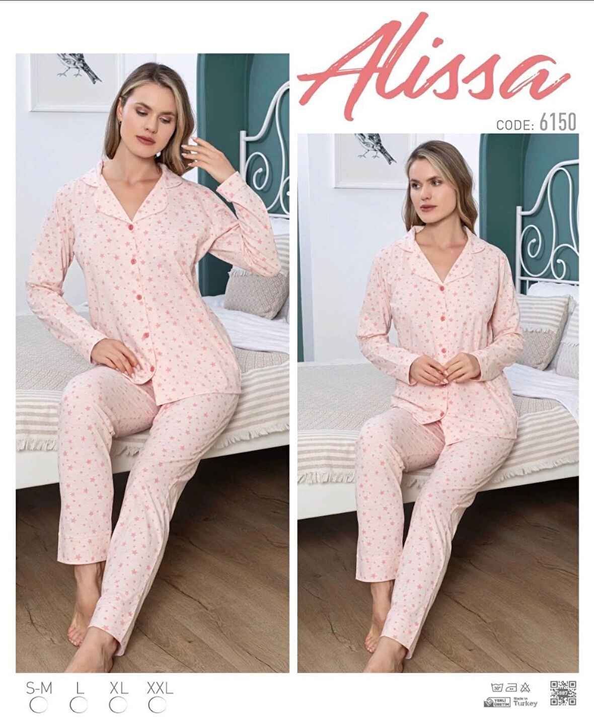 Alissa 6150 Bayan Somon Yıldızlı Patlı Uzun Kol Pijama Takımı