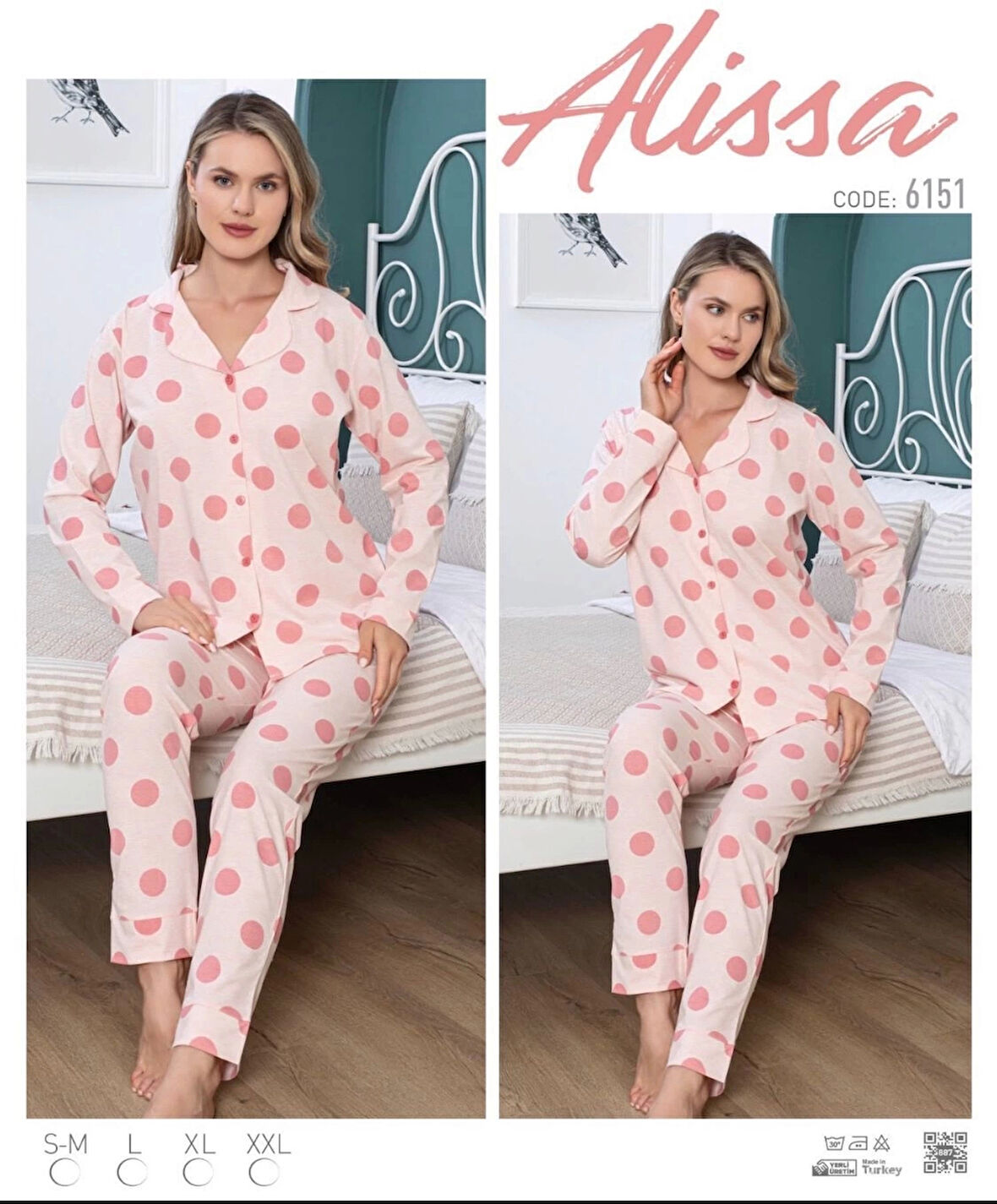 Alissa 6151 Bayan Somon Puanlı Patlı Uzun Kol Pijama Takımı