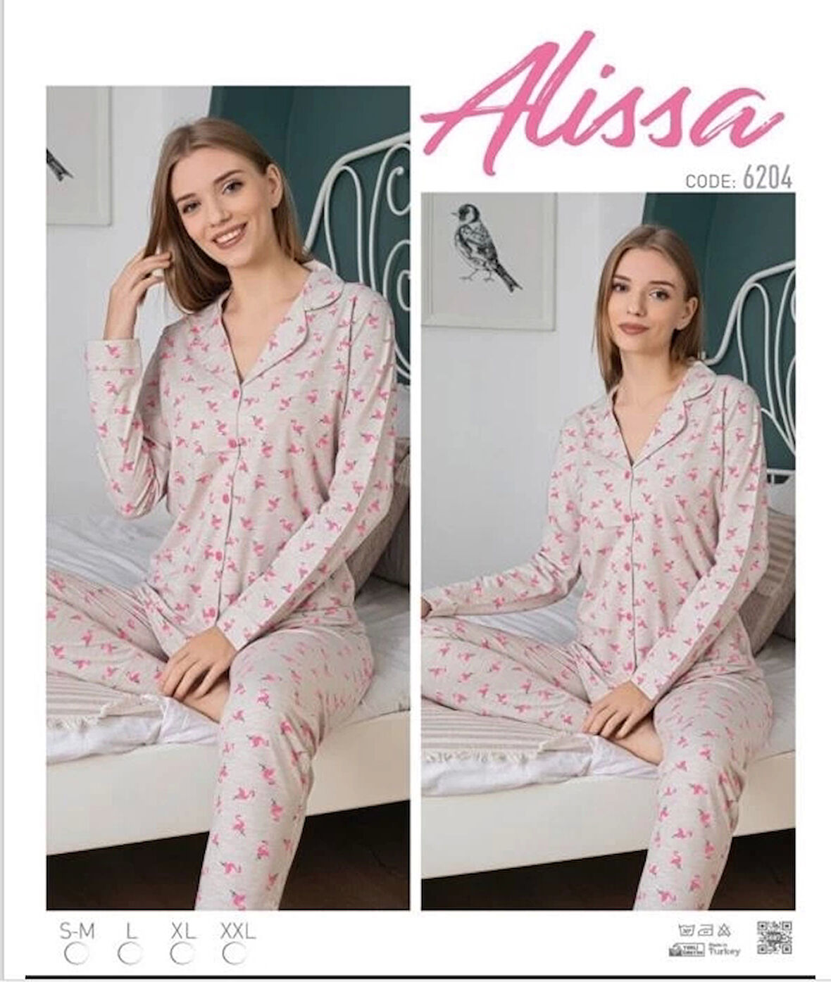 Alissa 6204  Bayan Önü Düğmeli Flamingo Desenli Pijama Takımı