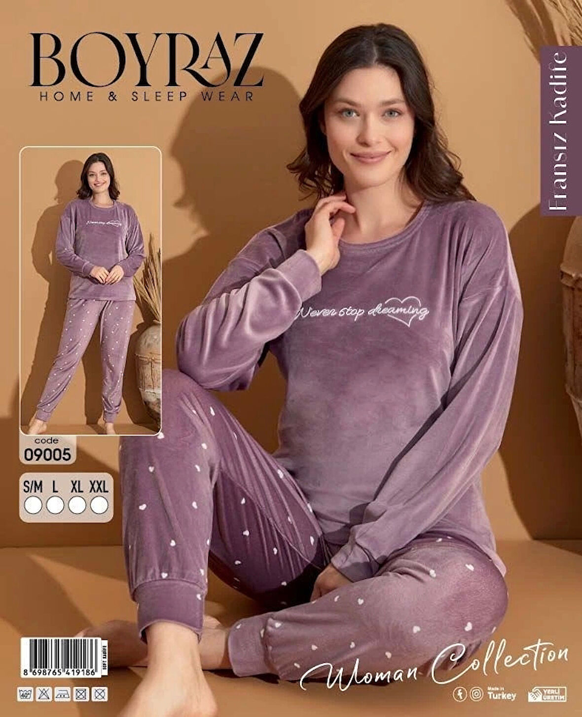 Boyraz 09005 Bayan Desenli Fransız Kadife Pijama Takımı