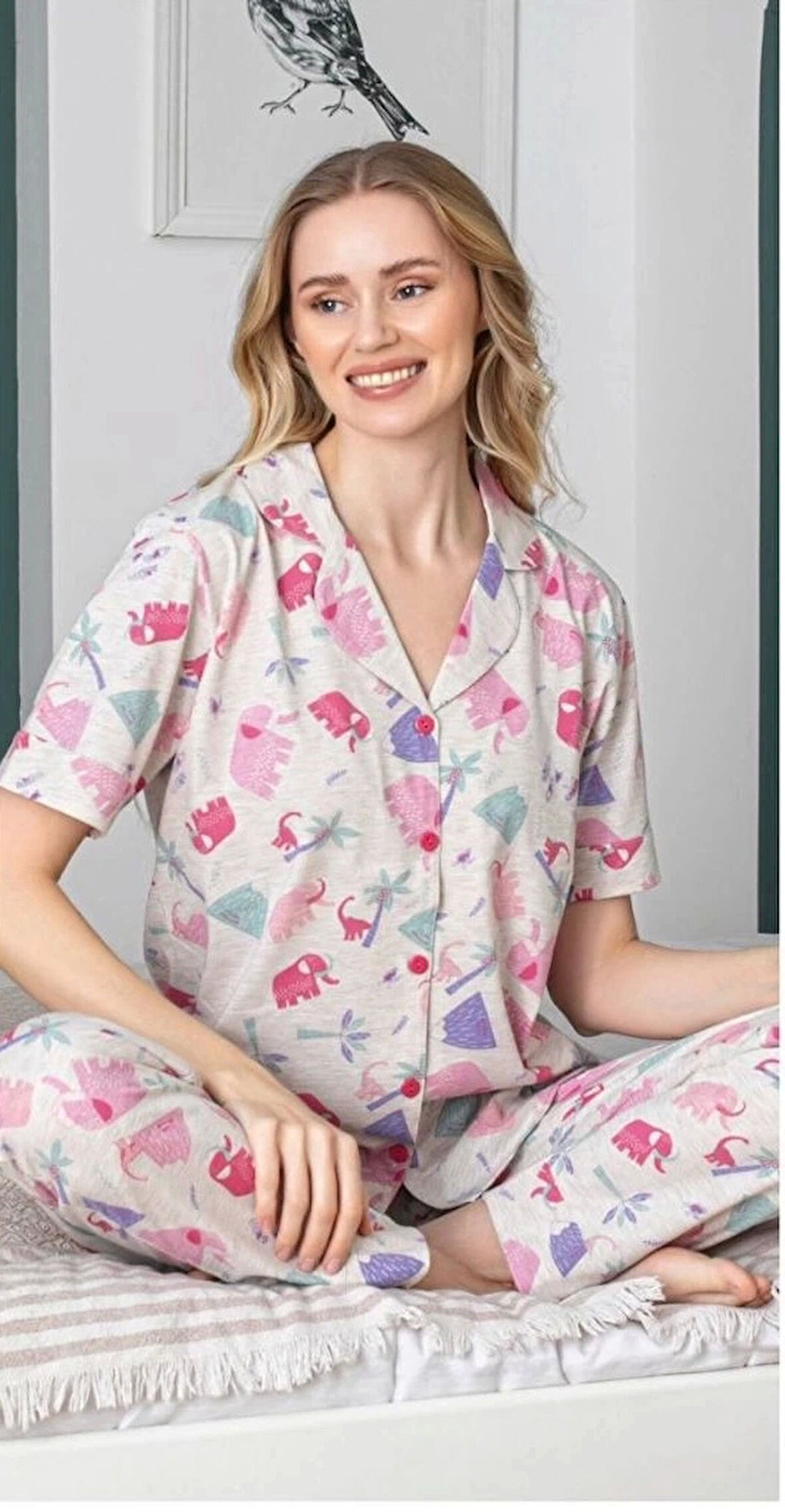 Alissa 6258 Kadın Fil Desenli Patlı Pijama Takımı