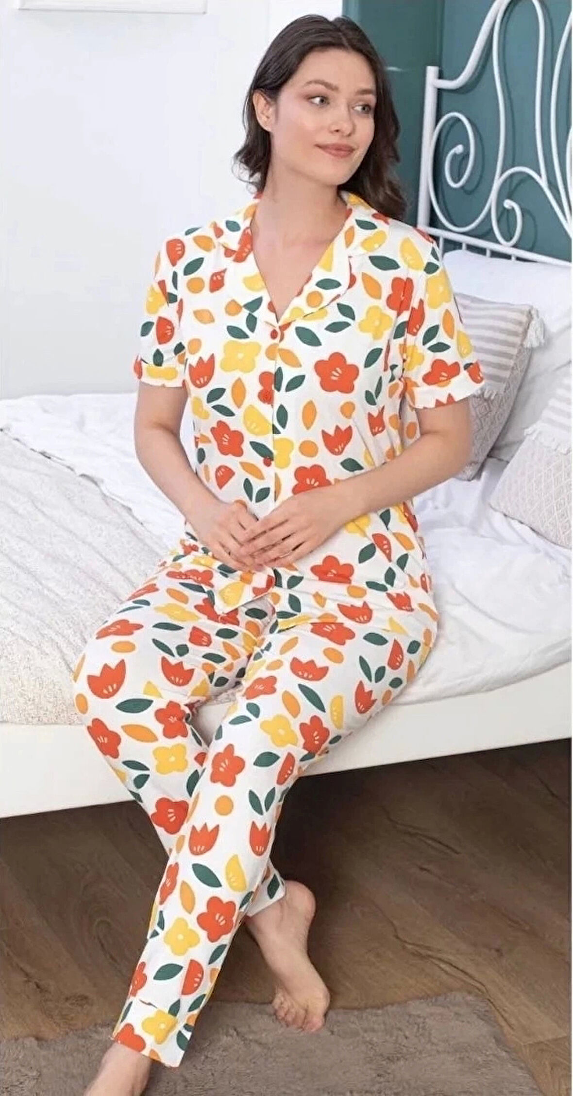 Alissa 6138 Kadın Çiçek Desenli Patlı Pijama Takımı