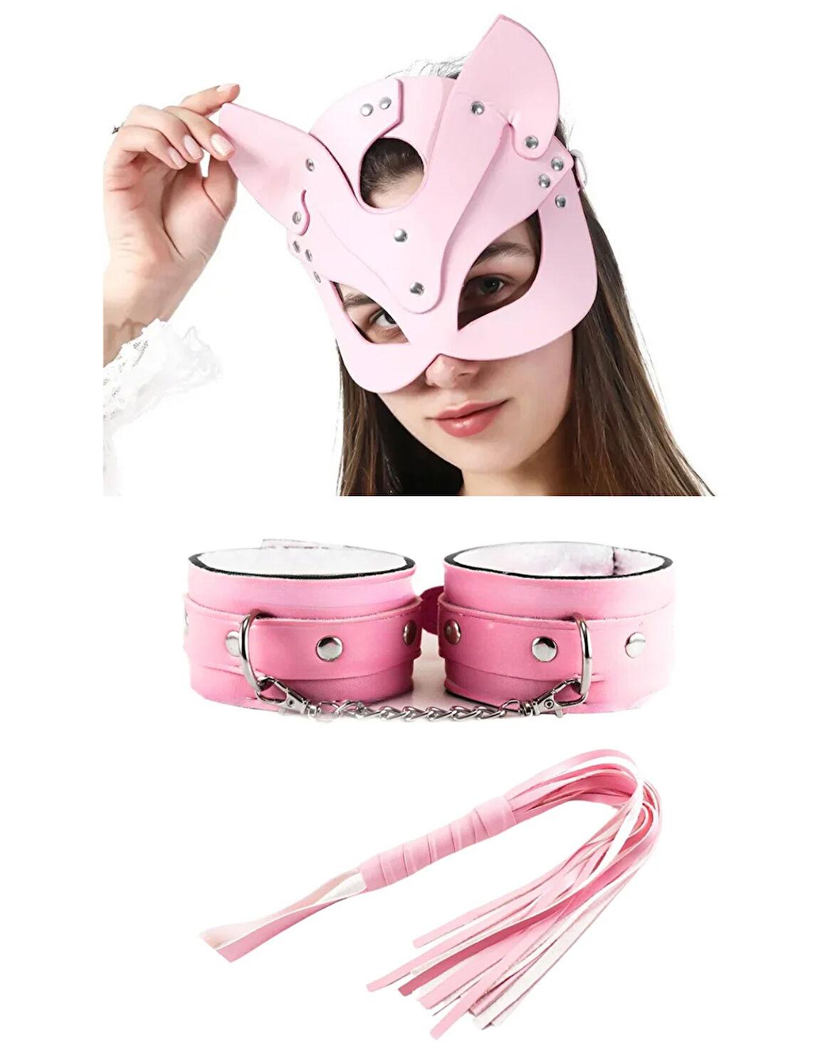 Etkileyici Deri Alımlı Pembe Kedi Maske Kelepçe Kırbaç Seti ( 3'lü set) BC5368