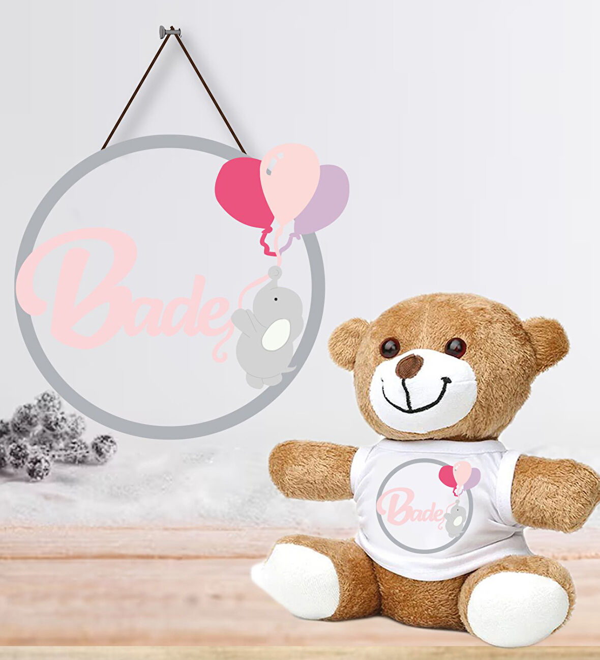 Kişiye Özel Bebek Kapı Süsü (Peluş Ayıcık Hediyeli) – Baby Shower / Hastane Odası