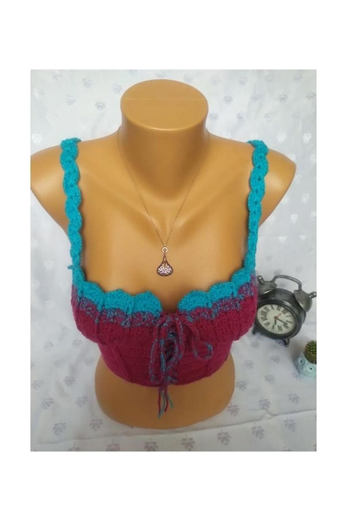 CROP TOP BÜSTİYER VİŞNE -MAVİ RENK HANDMADE