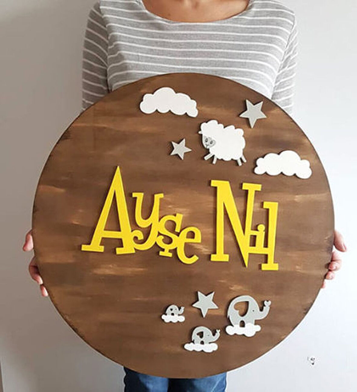 İsme Özel Fil ve Koyun Temalı Çocuk Odası Kapı Süsü