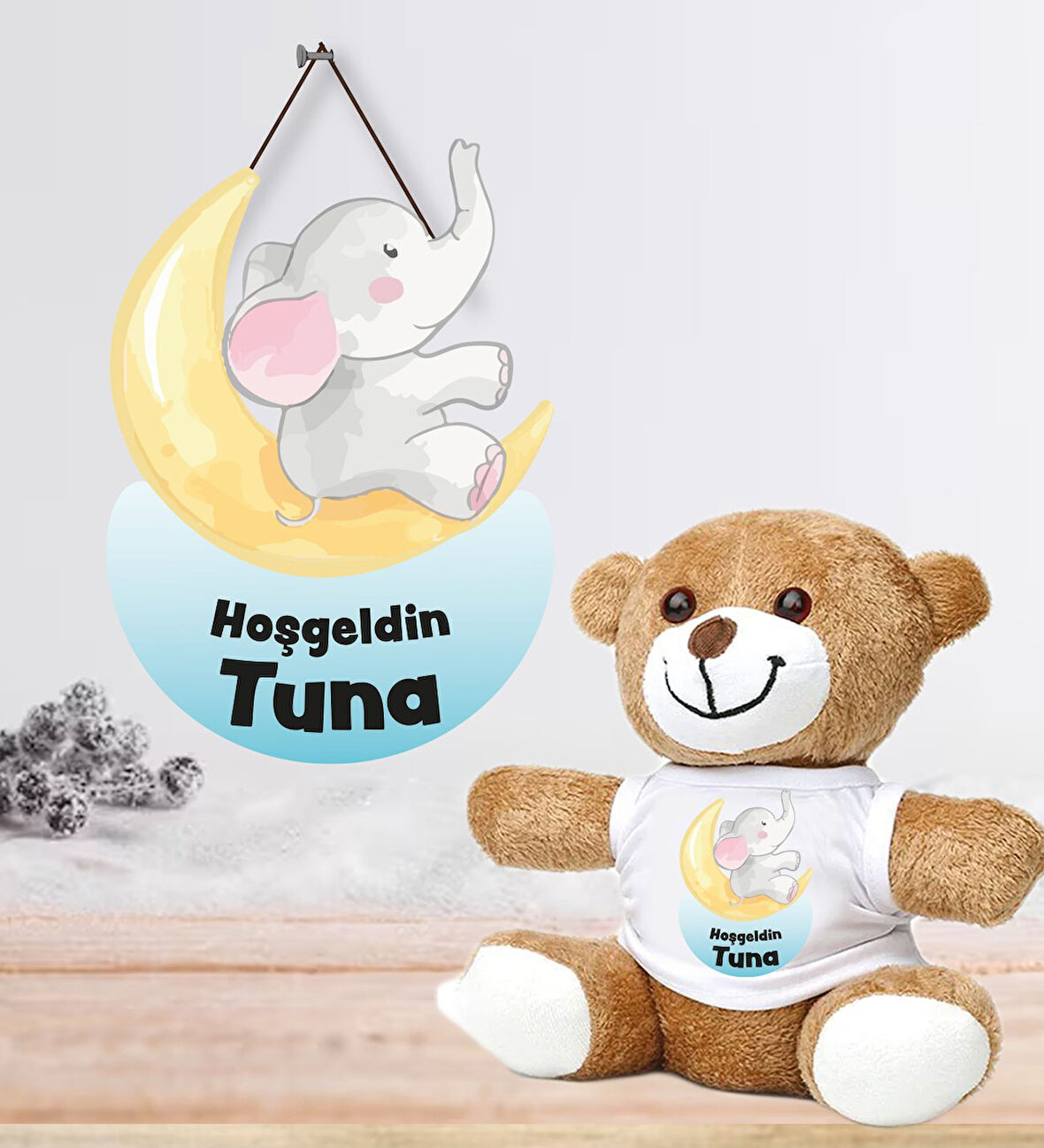 Kişiye Özel Bebek Kapı Süsü (Peluş Ayıcık Hediyeli) – Baby Shower / Hastane Odası