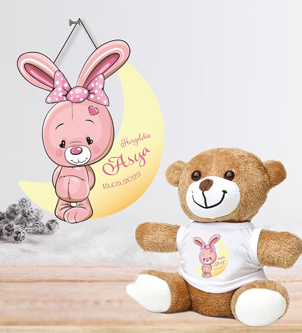 Kişiye Özel Bebek Kapı Süsü (Peluş Ayıcık Hediyeli) – Baby Shower / Hastane Odası