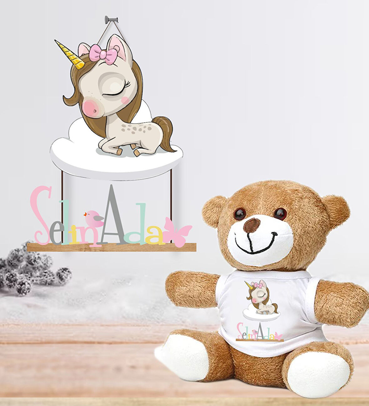 Kişiye Özel Bebek Kapı Süsü (Peluş Ayıcık Hediyeli) – Baby Shower / Hastane Odası