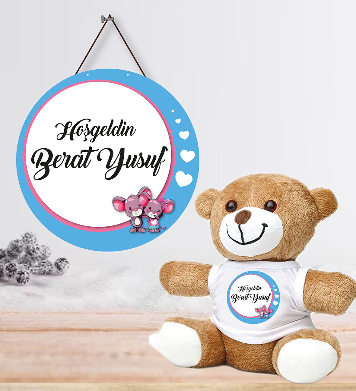 Kişiye Özel Bebek Kapı Süsü (Peluş Ayıcık Hediyeli) – Baby Shower / Hastane Odası