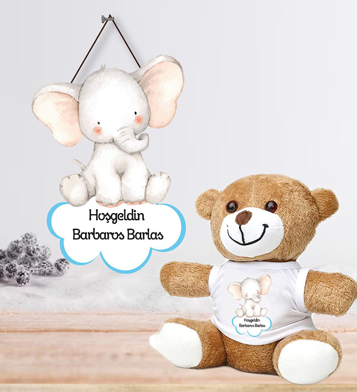 Kişiye Özel Bebek Kapı Süsü (Peluş Ayıcık Hediyeli) – Baby Shower / Hastane Odası