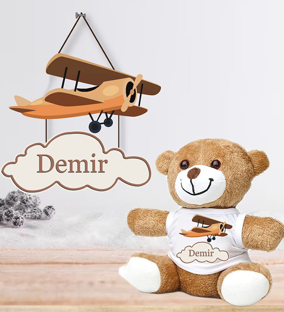 Kişiye Özel Bebek Kapı Süsü (Peluş Ayıcık Hediyeli) – Baby Shower / Hastane Odası