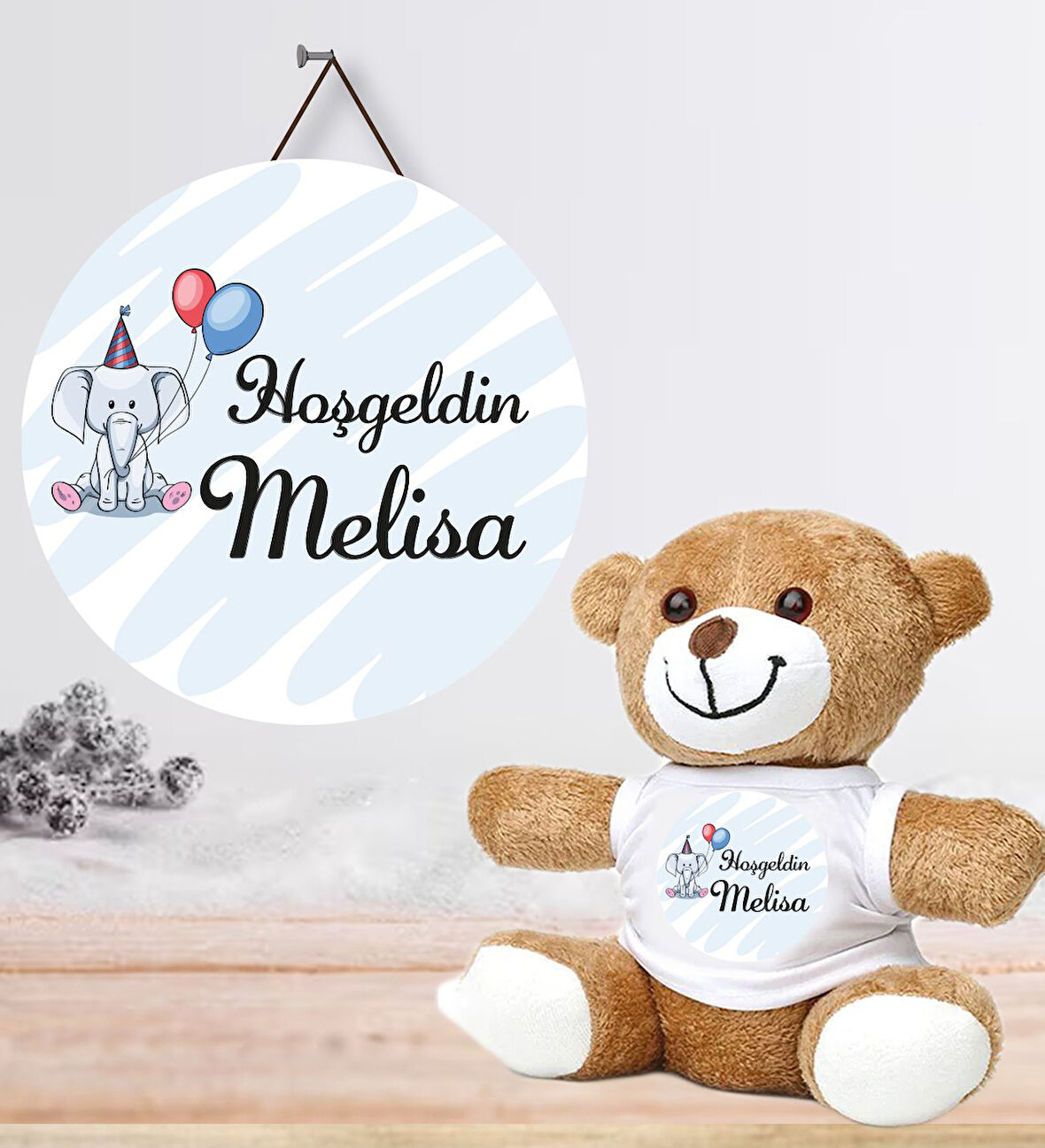 Kişiye Özel Bebek Kapı Süsü (Peluş Ayıcık Hediyeli) – Baby Shower / Hastane Odası