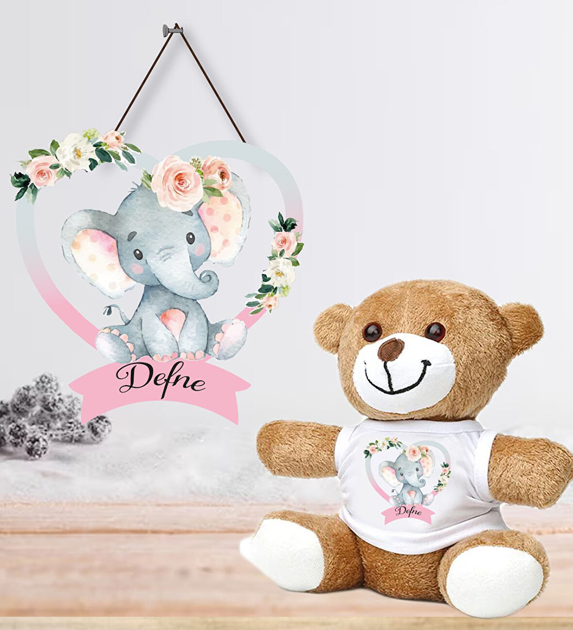 Kişiye Özel Bebek Kapı Süsü (Peluş Ayıcık Hediyeli) – Baby Shower / Hastane Odası