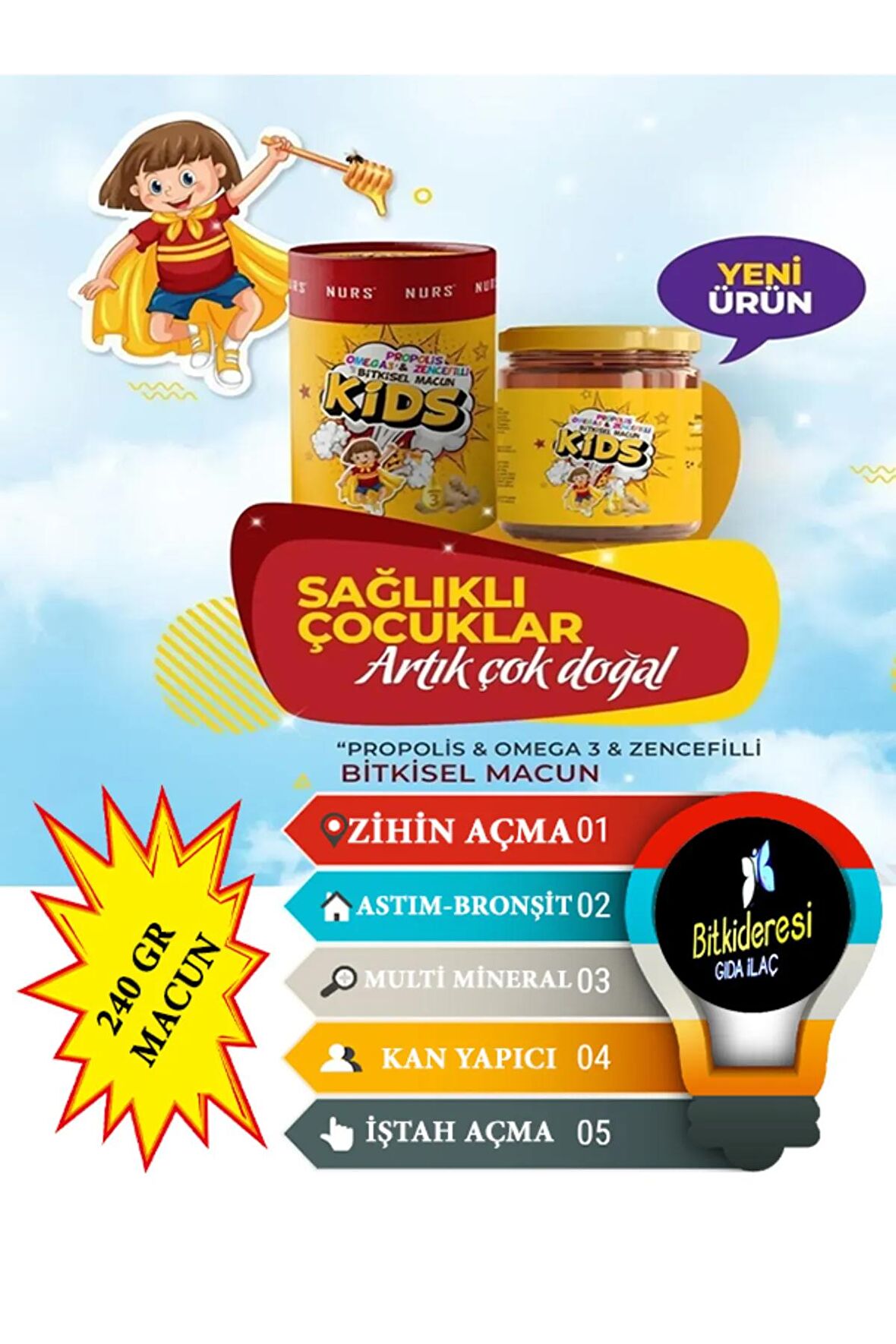 Kids Çocuklar için Özel Propolis - Omega 3 ve Zencefilli Macun 240 gr