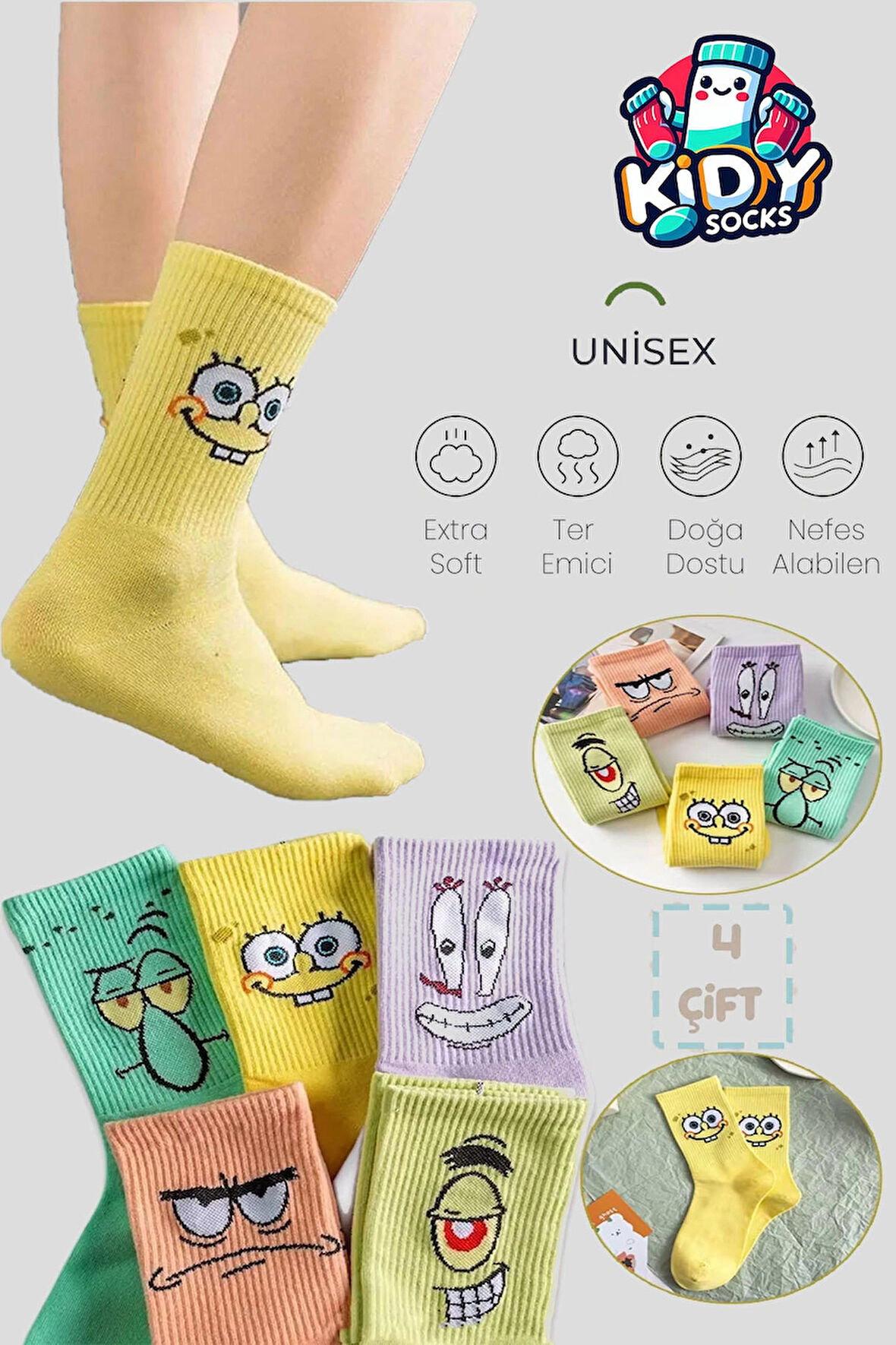 5 Çift Unisex Desenli Karakterli  Kolej Çorap Seti Extra Rahat