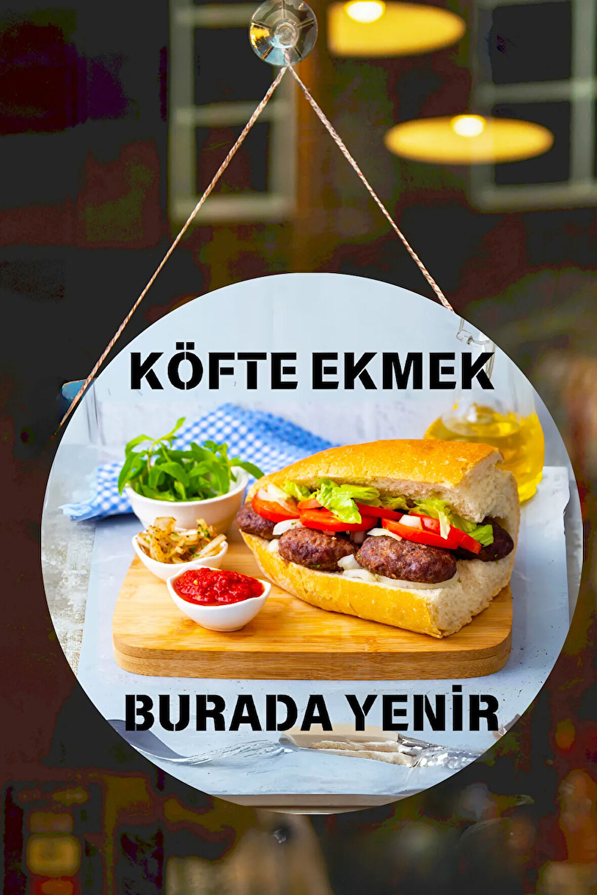 Köfte Ekmek Burada Yenir Yazılı Çift Taraflı Karşılama Tabelası, Köfte Dükkan Kapı Duvar Tablo Süsü