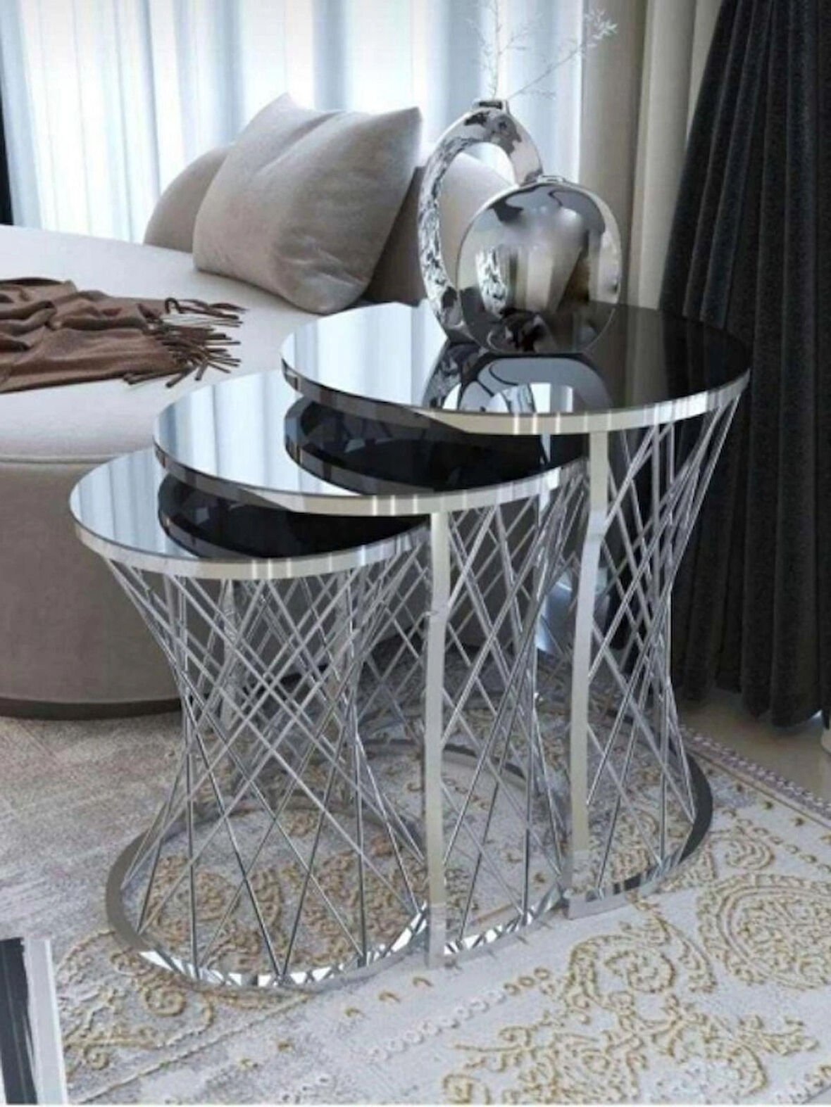 Kech 3'lü Anatol Zigon Sehpa Seti Gümüş Ayak Siyah Cam